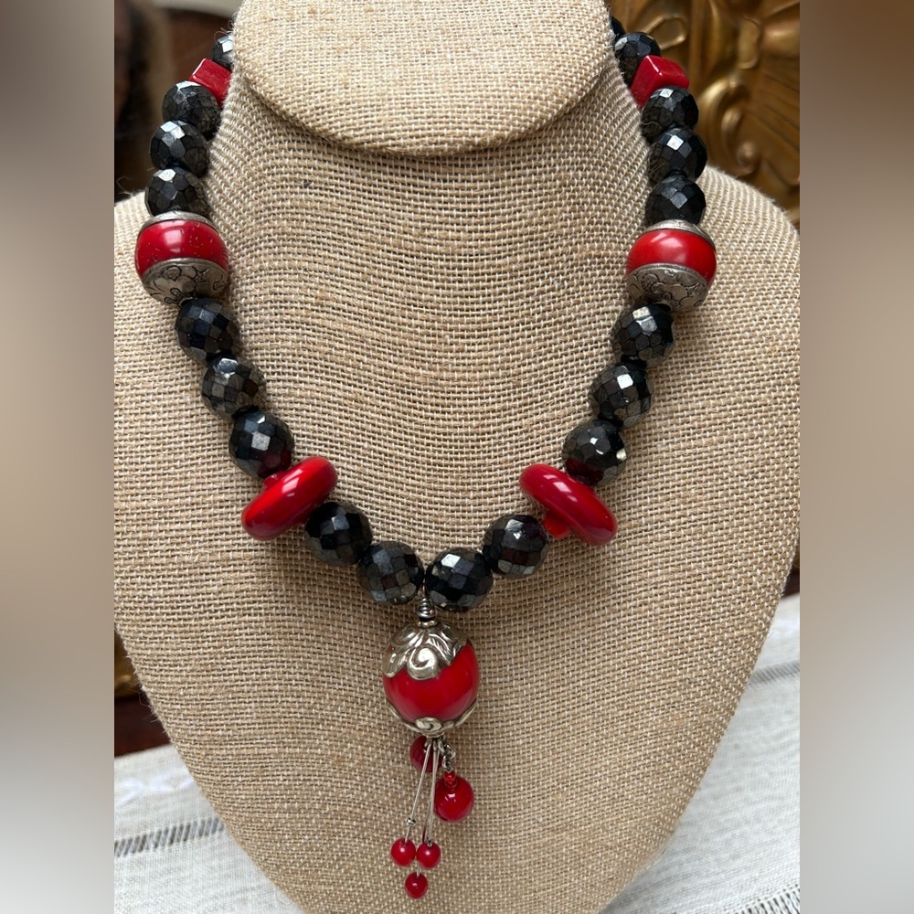 Hand made vintage beaded necklace, red, black, silver beads, toggle clasp, 11”